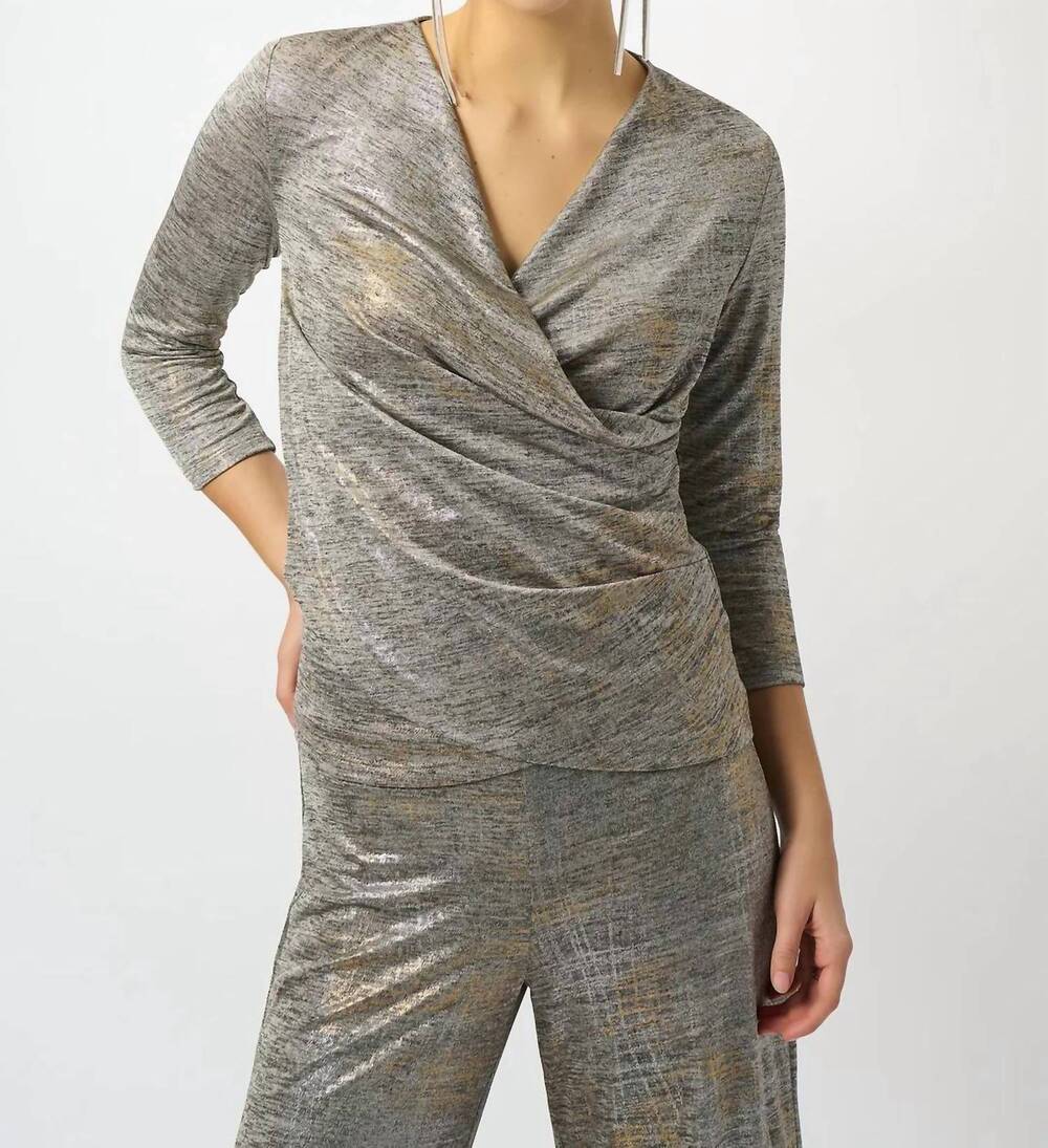 NEW JOSEPH RIBKOFF foiled knit wrap top in beige multi